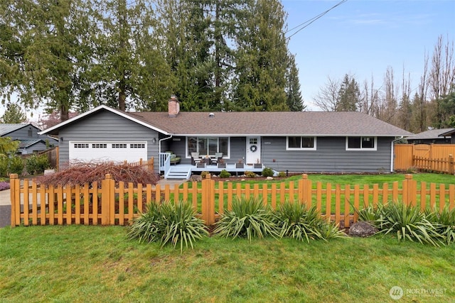 single story home featuring a fenced front yard, a garage, a chimney, and a front yard