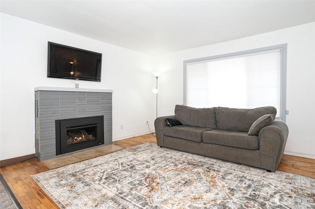 living room featuring a fireplace, baseboards, and wood finished floors