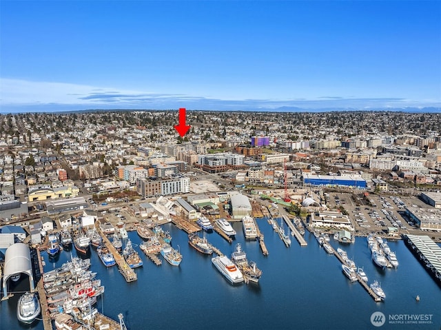 aerial view featuring a city view and a water view