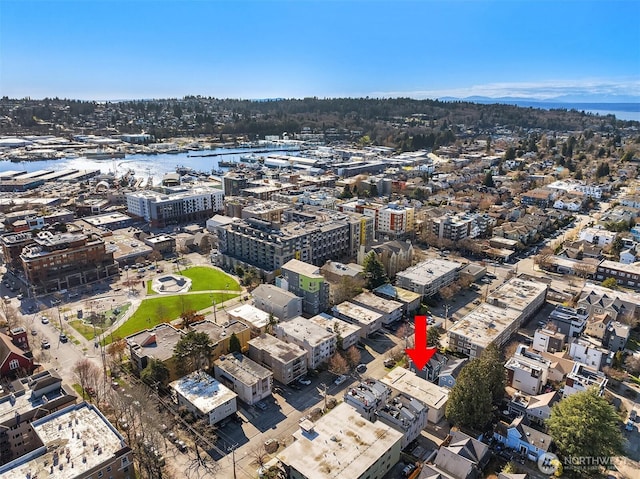 bird's eye view with a water view