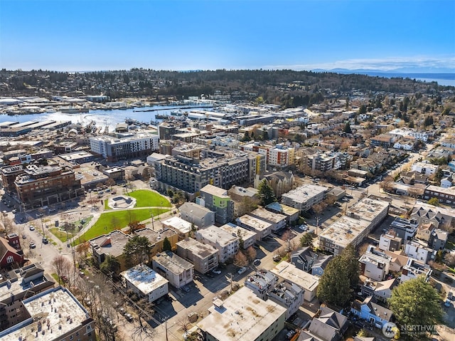 birds eye view of property featuring a water view