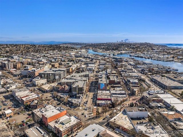 bird's eye view with a water view and a view of city