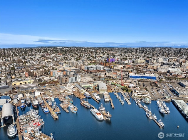 drone / aerial view with a water view and a view of city