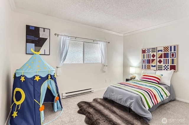 carpeted bedroom with a baseboard heating unit, baseboards, a textured ceiling, and ornamental molding