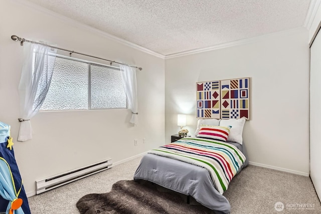 carpeted bedroom with a baseboard radiator, baseboards, a textured ceiling, and ornamental molding