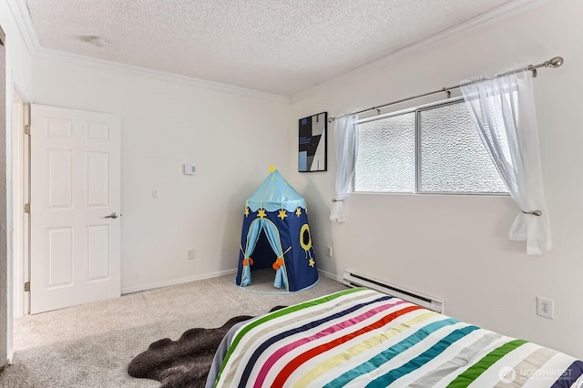 bedroom featuring crown molding, baseboards, carpet floors, baseboard heating, and a textured ceiling