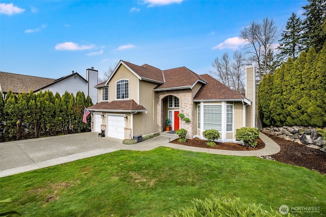 traditional-style house featuring driveway, a front lawn, a shingled roof, a garage, and a chimney