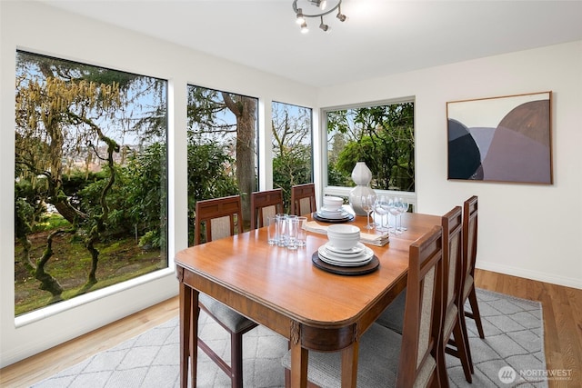 dining room with light wood-style floors and baseboards