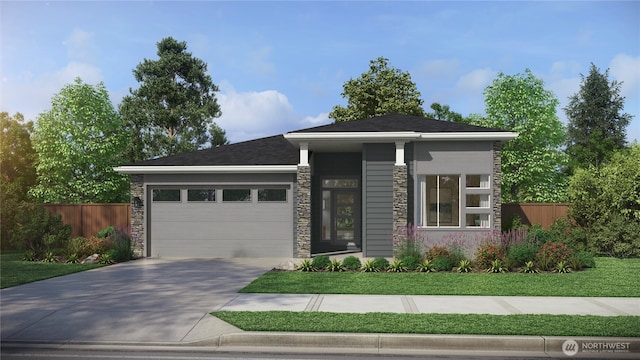 prairie-style home with driveway, stone siding, fence, a front yard, and a garage