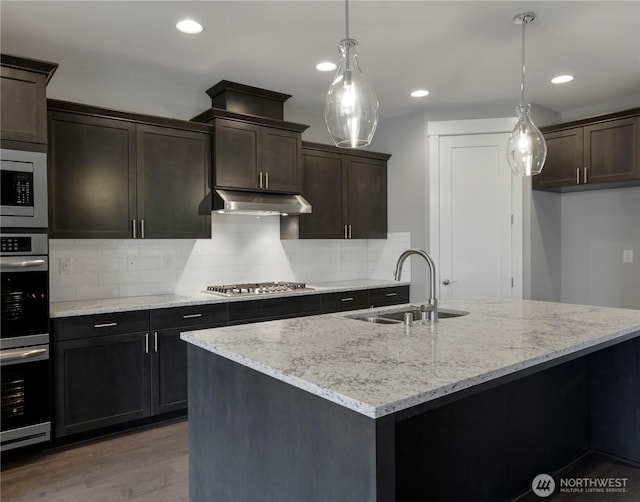 kitchen featuring dark wood-style flooring, stainless steel appliances, a sink, under cabinet range hood, and tasteful backsplash