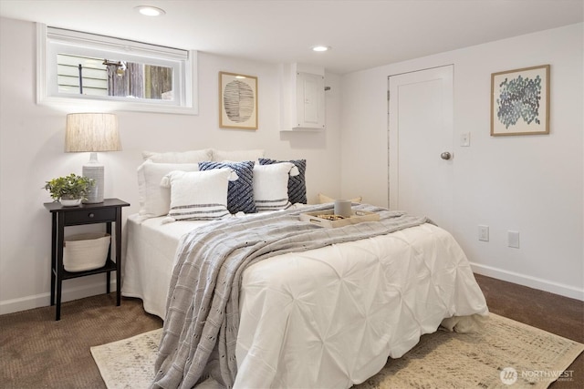 carpeted bedroom with recessed lighting and baseboards