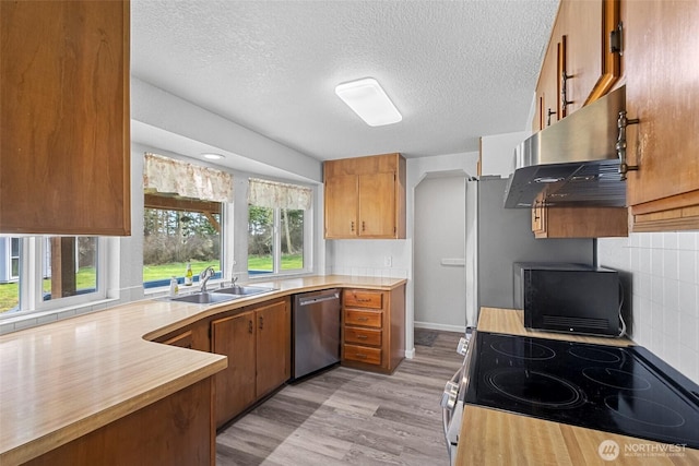 kitchen featuring tasteful backsplash, light wood-type flooring, light countertops, stainless steel appliances, and a sink