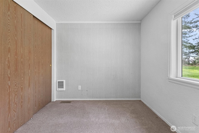 empty room featuring visible vents, carpet floors, and a textured ceiling