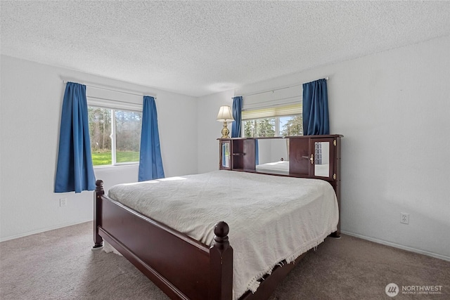 bedroom with carpet flooring, baseboards, and a textured ceiling