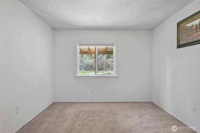 empty room with a textured ceiling, carpet flooring, and a textured wall