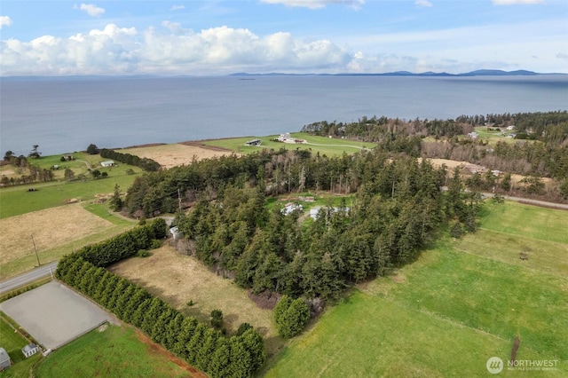 aerial view with a rural view and a water view