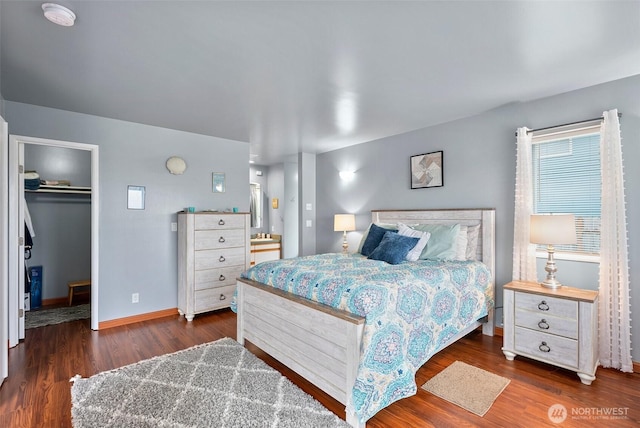 bedroom featuring dark wood finished floors, a spacious closet, baseboards, and a closet