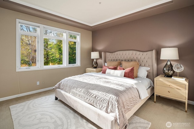bedroom with light carpet and baseboards