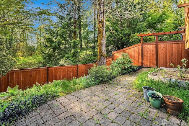 view of patio with a garden and a fenced backyard
