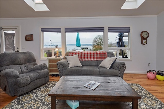 living room with baseboards, wood finished floors, a skylight, and ornamental molding