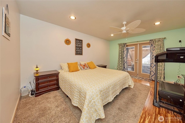 bedroom featuring recessed lighting, french doors, baseboards, and ceiling fan