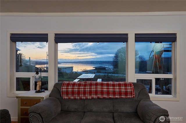 living area featuring a water view