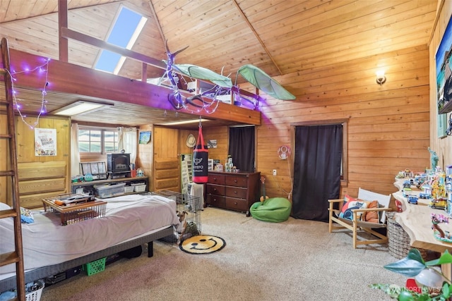 carpeted bedroom featuring high vaulted ceiling, wood ceiling, and wood walls