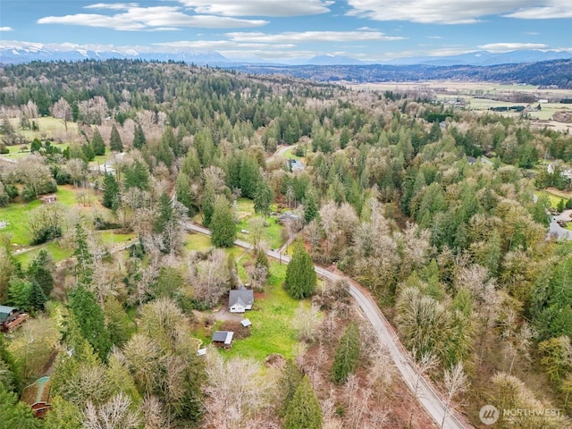 bird's eye view with a mountain view and a forest view