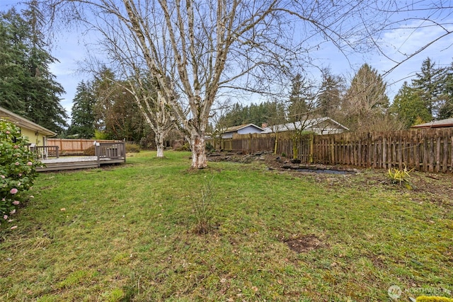 view of yard with a deck and a fenced backyard