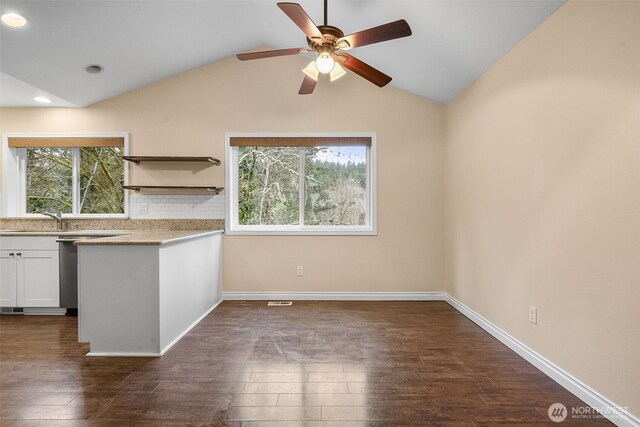 kitchen with a healthy amount of sunlight, white cabinetry, dark wood-type flooring, and vaulted ceiling