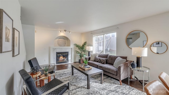 living room featuring a fireplace, rail lighting, and wood finished floors