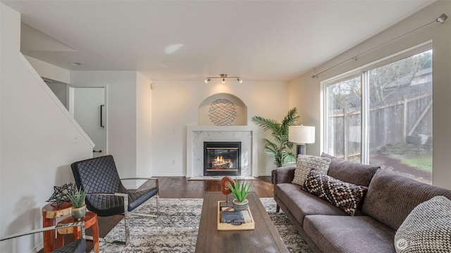 living area featuring a high end fireplace and wood finished floors