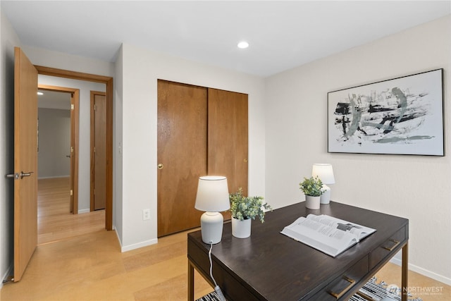 home office with recessed lighting and baseboards