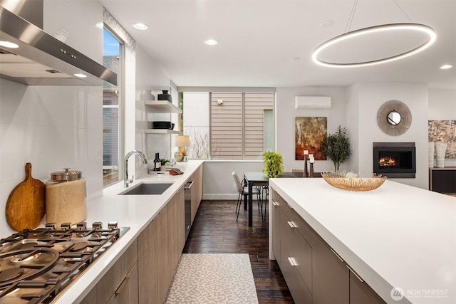 kitchen featuring stainless steel appliances, modern cabinets, a wall unit AC, and a sink