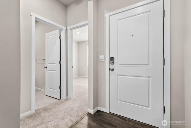 carpeted entryway with baseboards and wood finished floors