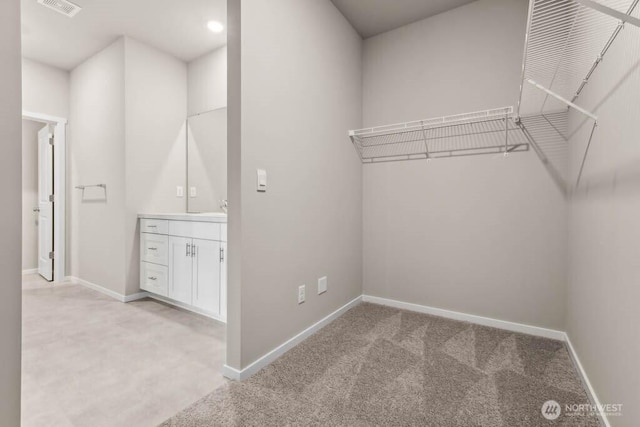 spacious closet with a sink, visible vents, and light colored carpet