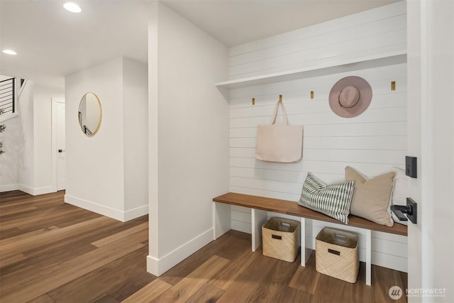 mudroom with recessed lighting, baseboards, and wood finished floors