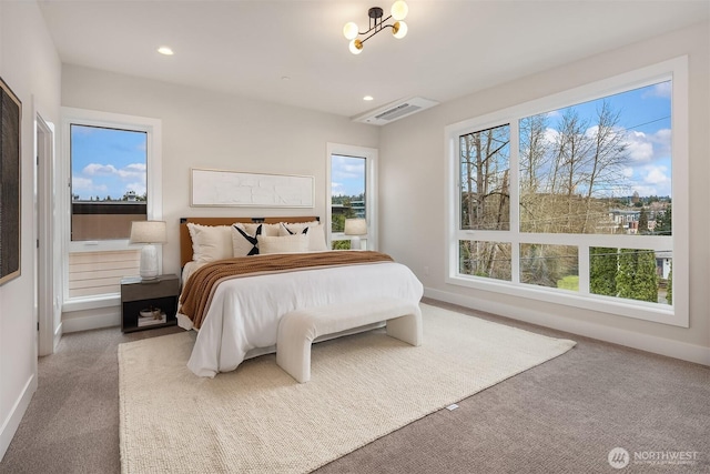 bedroom featuring recessed lighting, baseboards, and carpet