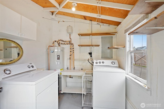 laundry area featuring cabinet space, independent washer and dryer, and water heater