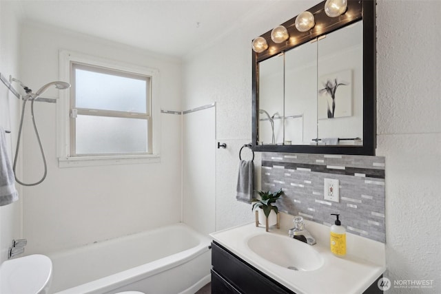 full bathroom featuring backsplash, toilet, shower / tub combination, a textured wall, and vanity