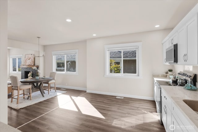 kitchen with a wealth of natural light, a brick fireplace, and stainless steel appliances