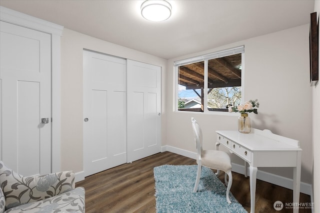 office with baseboards and dark wood-type flooring