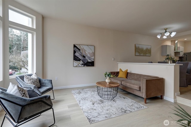 living room featuring light wood-style flooring and baseboards