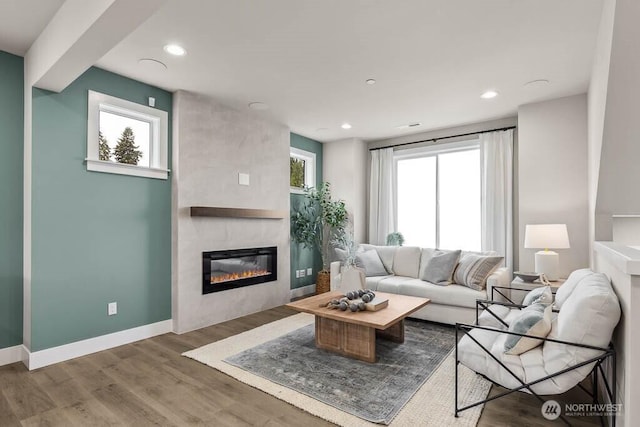 living room featuring wood finished floors, plenty of natural light, a fireplace, and baseboards