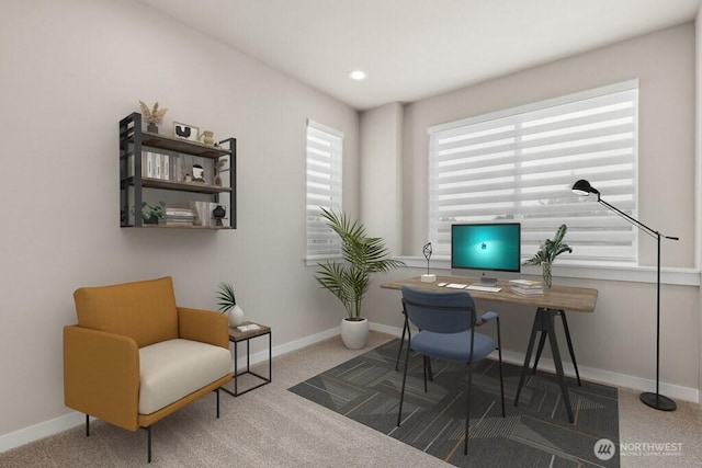 home office featuring recessed lighting, baseboards, and carpet floors