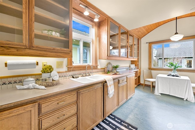 kitchen featuring hanging light fixtures, a healthy amount of sunlight, glass insert cabinets, and a sink