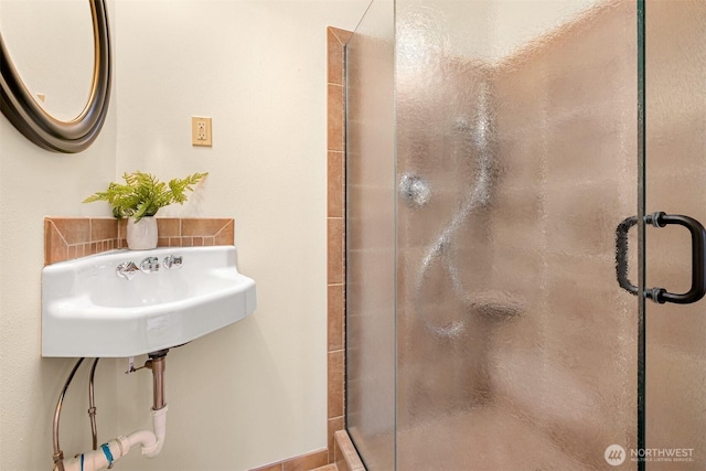 full bathroom with a sink and a shower stall