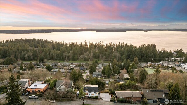 aerial view at dusk with a water view