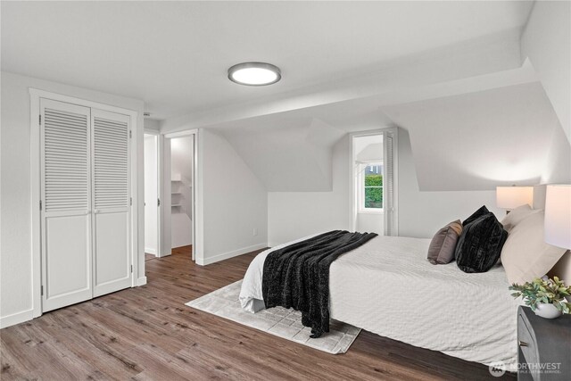 bedroom featuring vaulted ceiling, wood finished floors, baseboards, and a closet