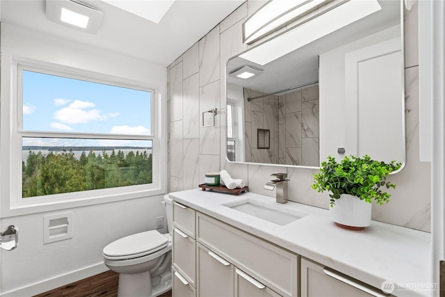 bathroom with toilet, vanity, baseboards, and wood finished floors